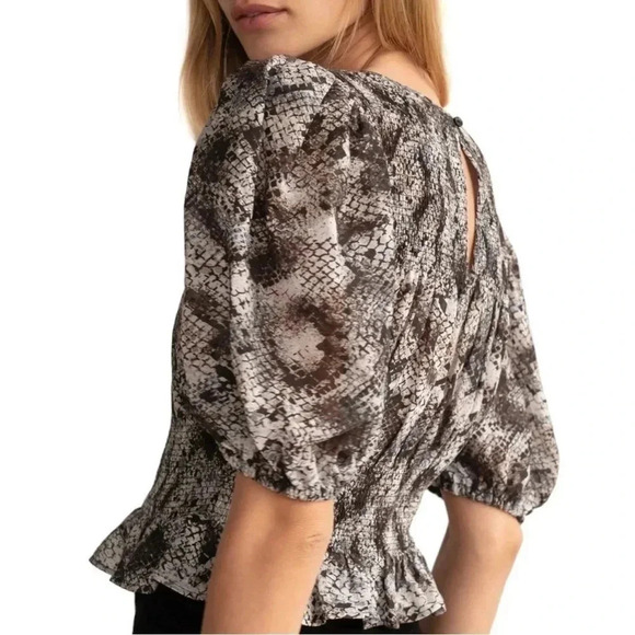 Free People NWOT Black Snakeskin XOXO Smocked Blouse Size Large - Picture 2 of 11